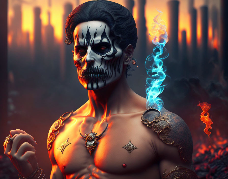 Digital Artwork: Person with Skull-Painted Face and Tattoos