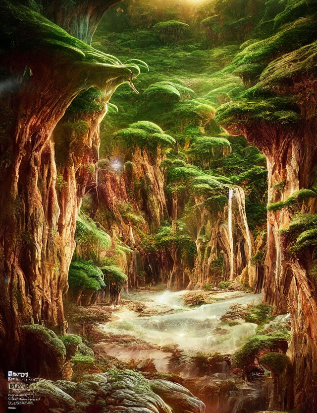 Mystical forest with moss-covered trees, river, and sunlight