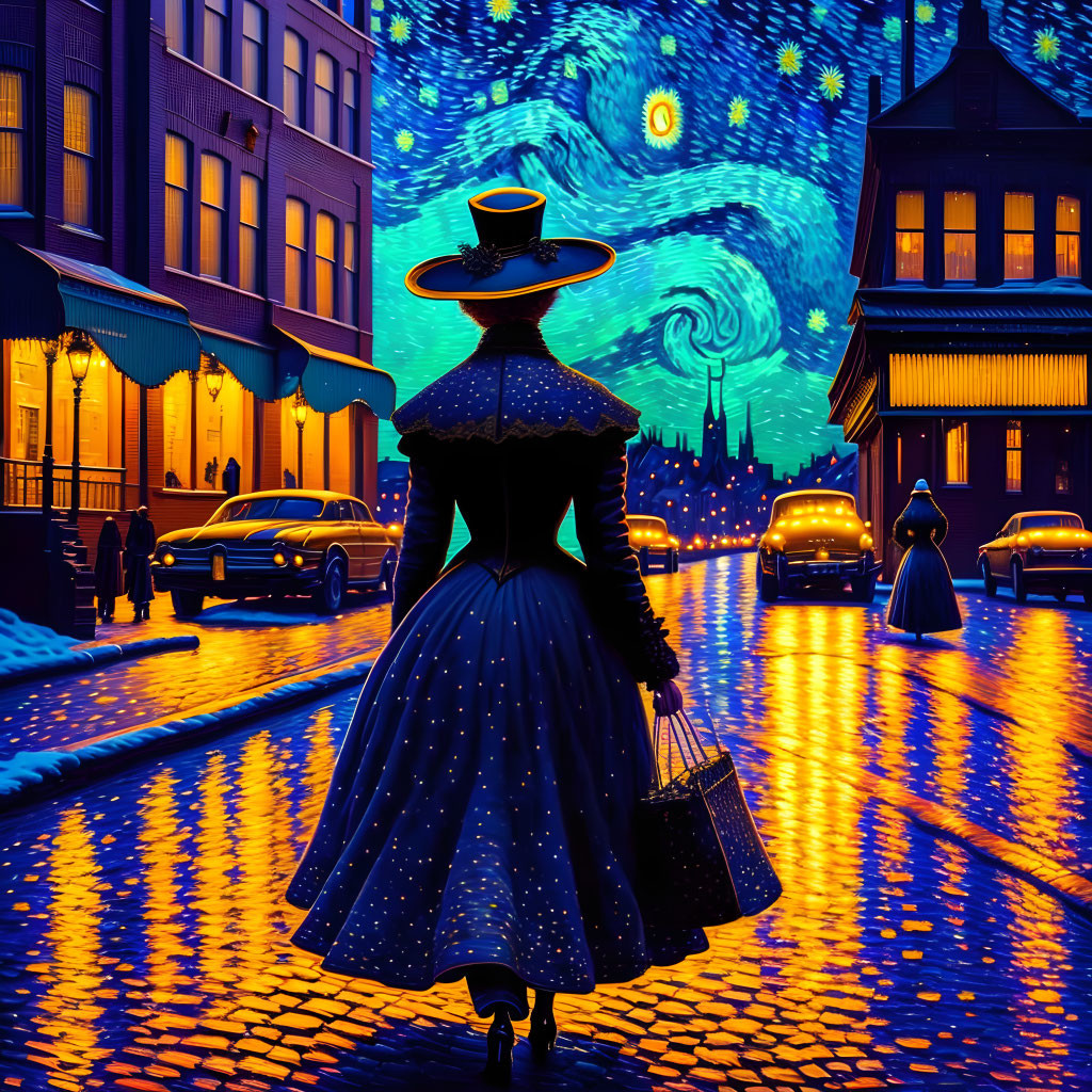 Vintage-attired woman gazes at starry night cityscape with Van Gogh swirls under