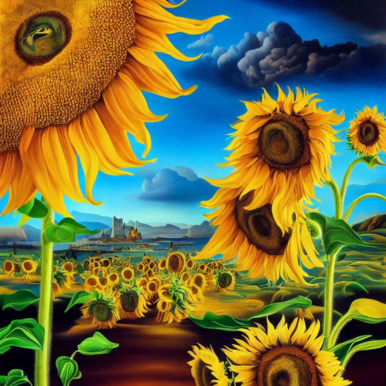 Sunflower painting with anthropomorphic features, stormy sky, and distant castle