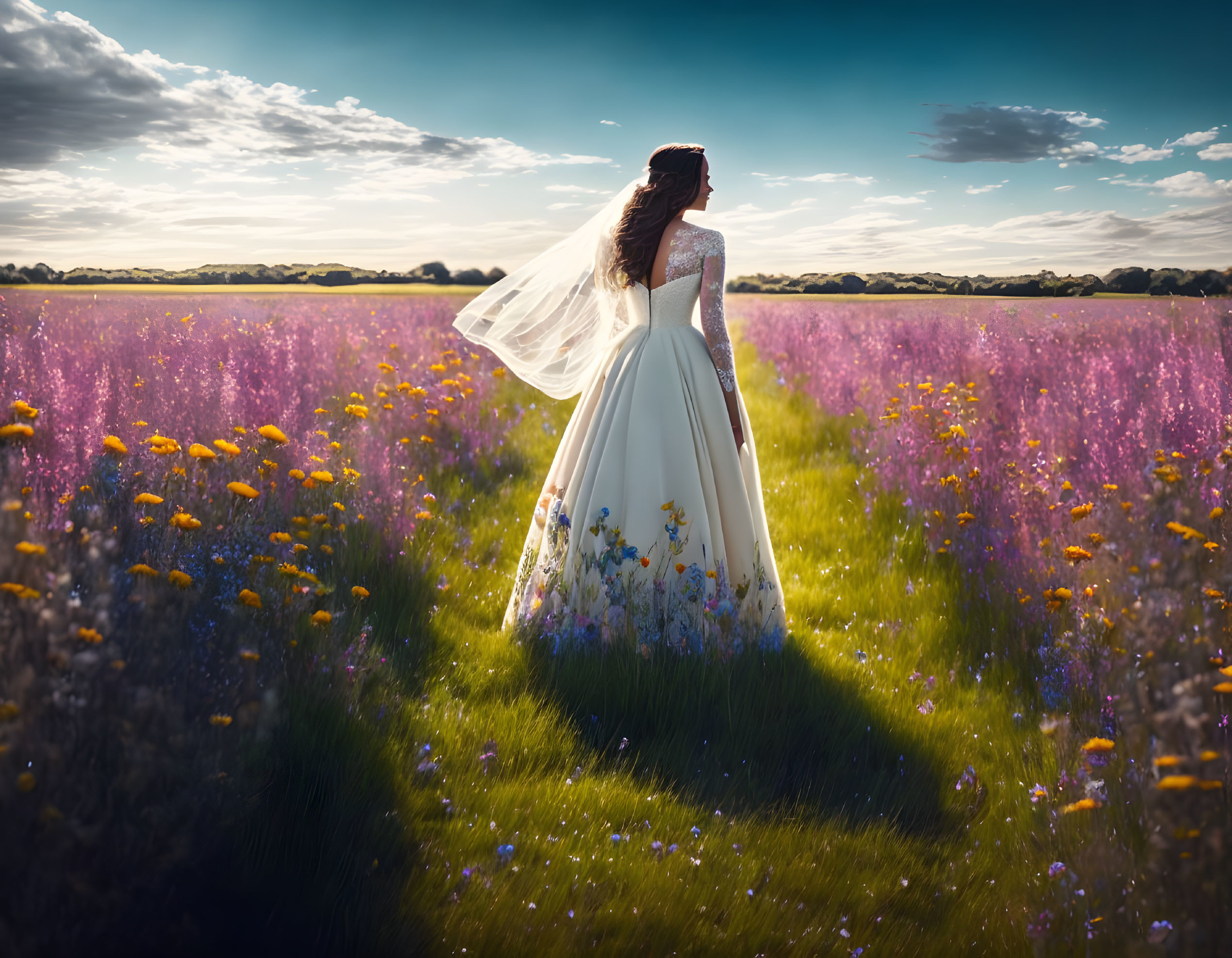 Bride in white gown amidst purple flowers and dramatic sky