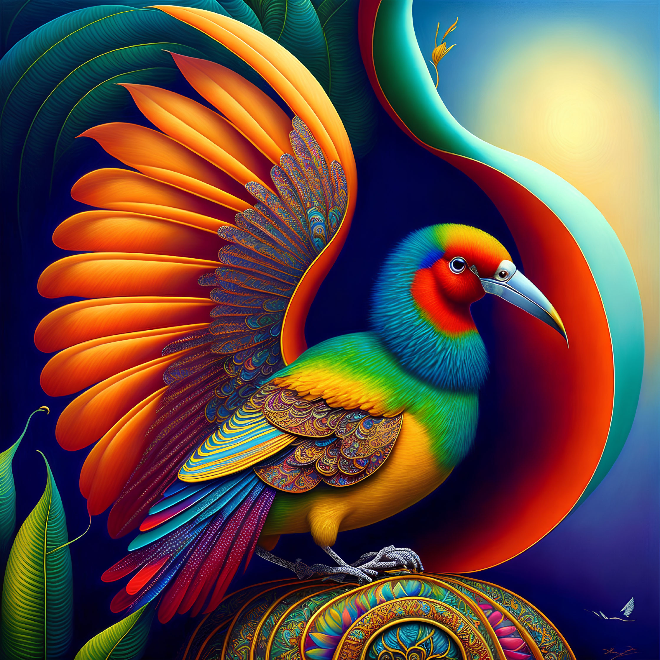 Colorful Stylized Bird with Expansive Tail on Ornate Design against Twilight Sky