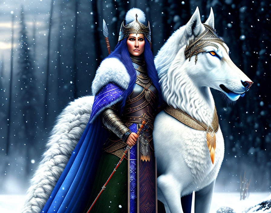 Fantasy warrior woman and white wolf in snow landscape