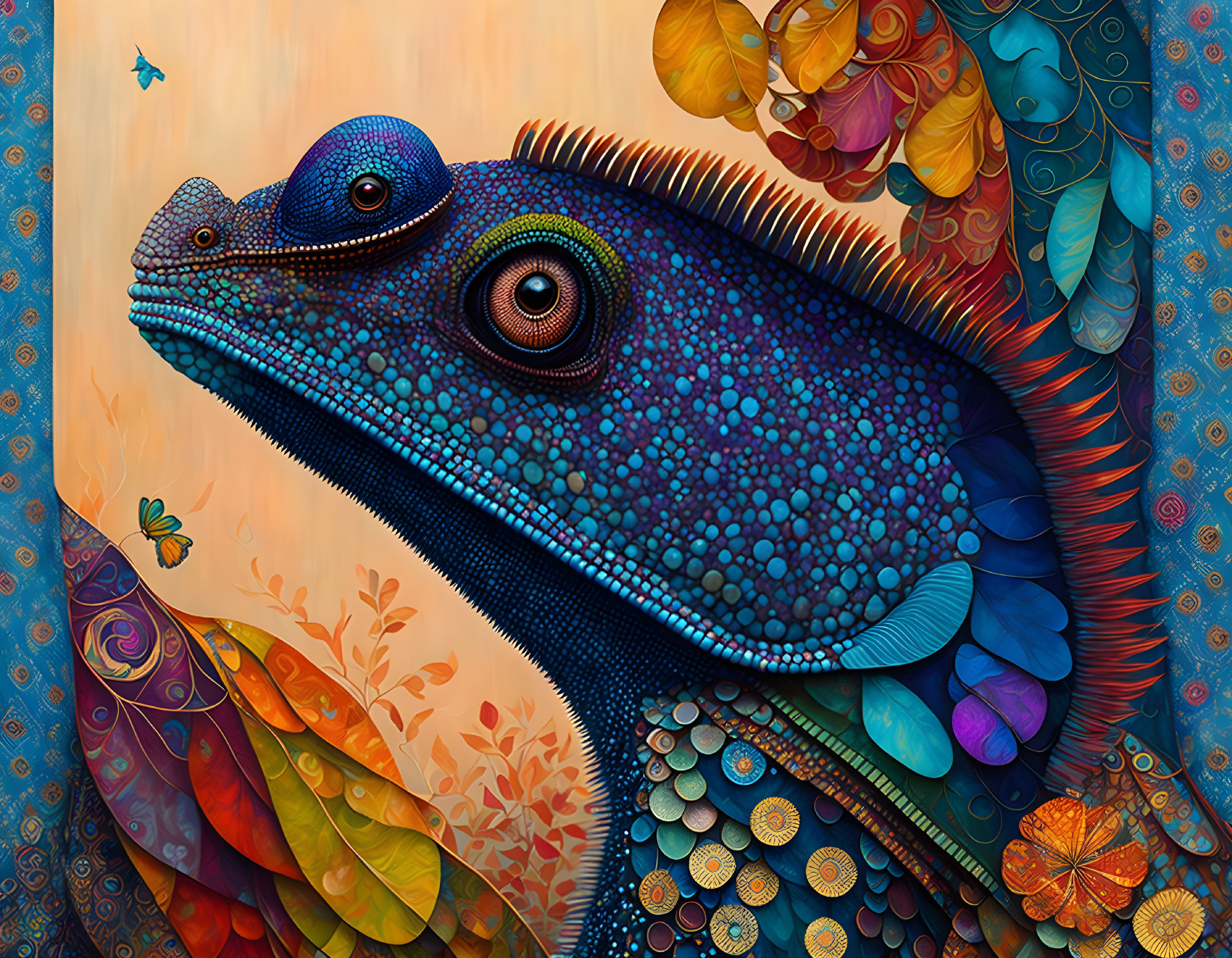 Colorful Stylized Chameleon Illustration with Intricate Scales and Ornate Foliage