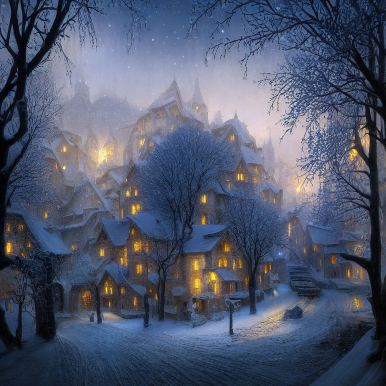 Snow-covered winter village night scene with warmly lit windows and falling snowflakes