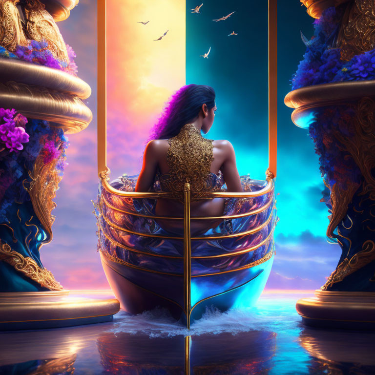 Woman in ornate boat admiring surreal sunset with birds in flight