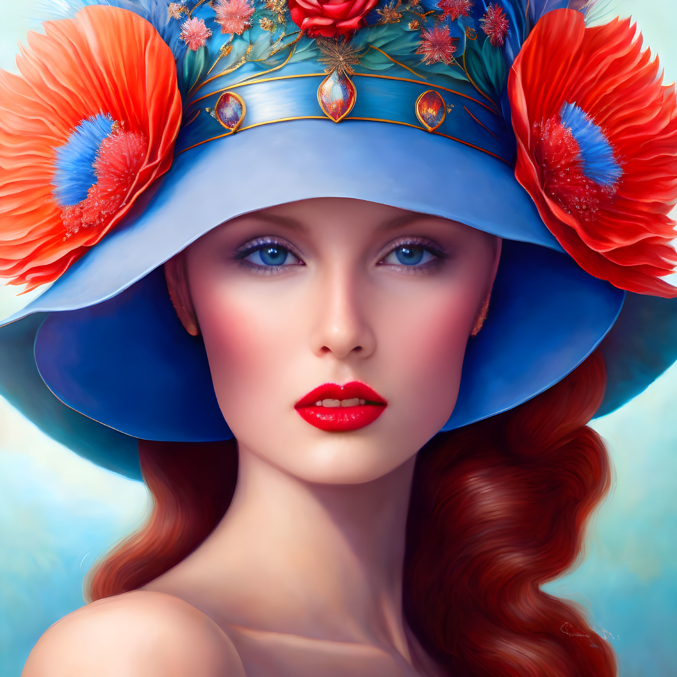 Vibrant digital portrait of a woman with red hair and blue hat