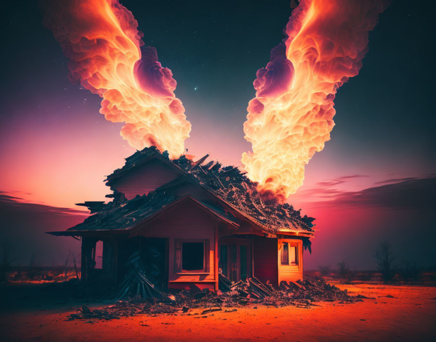 Dilapidated house under fiery clouds in desolate dusk landscape