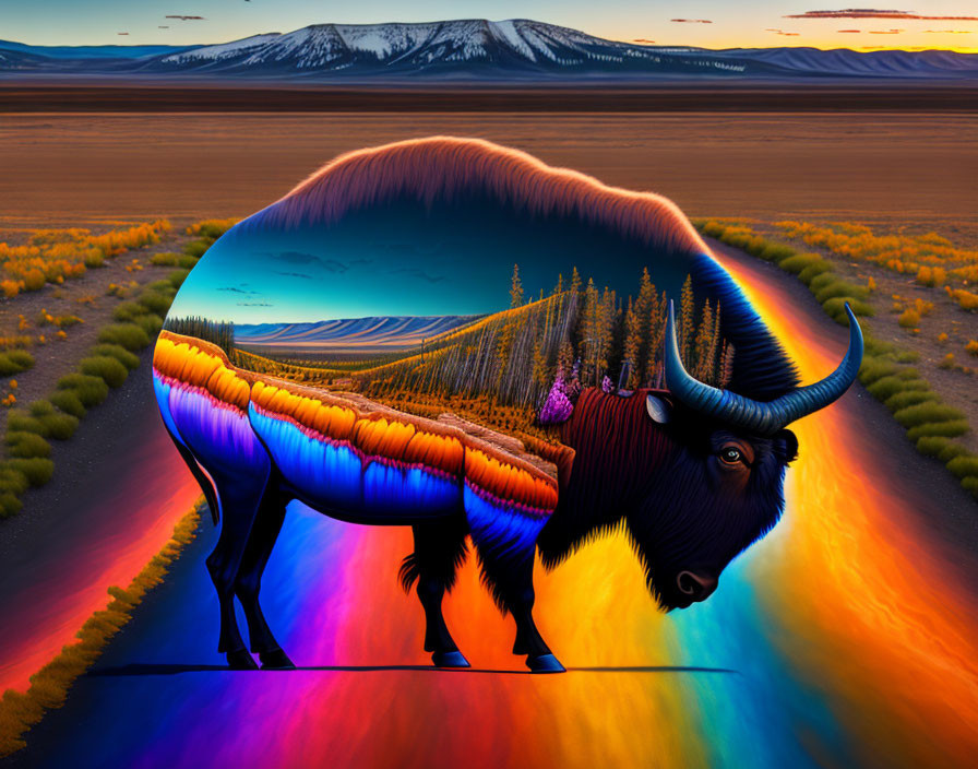 Colorful Bison Silhouette Artwork with Nature Landscape at Dusk