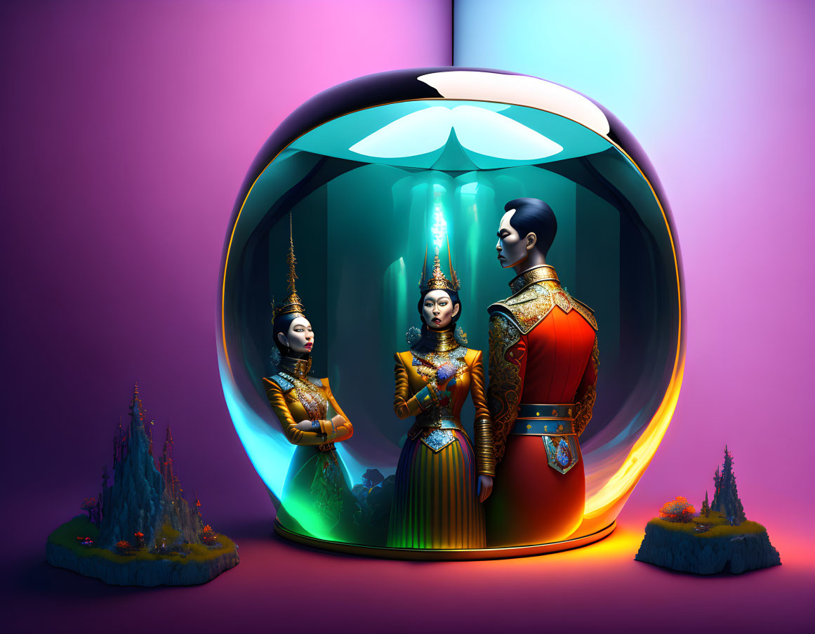 Three stylized characters in ornate costumes under futuristic glass dome surrounded by fantasy landscapes