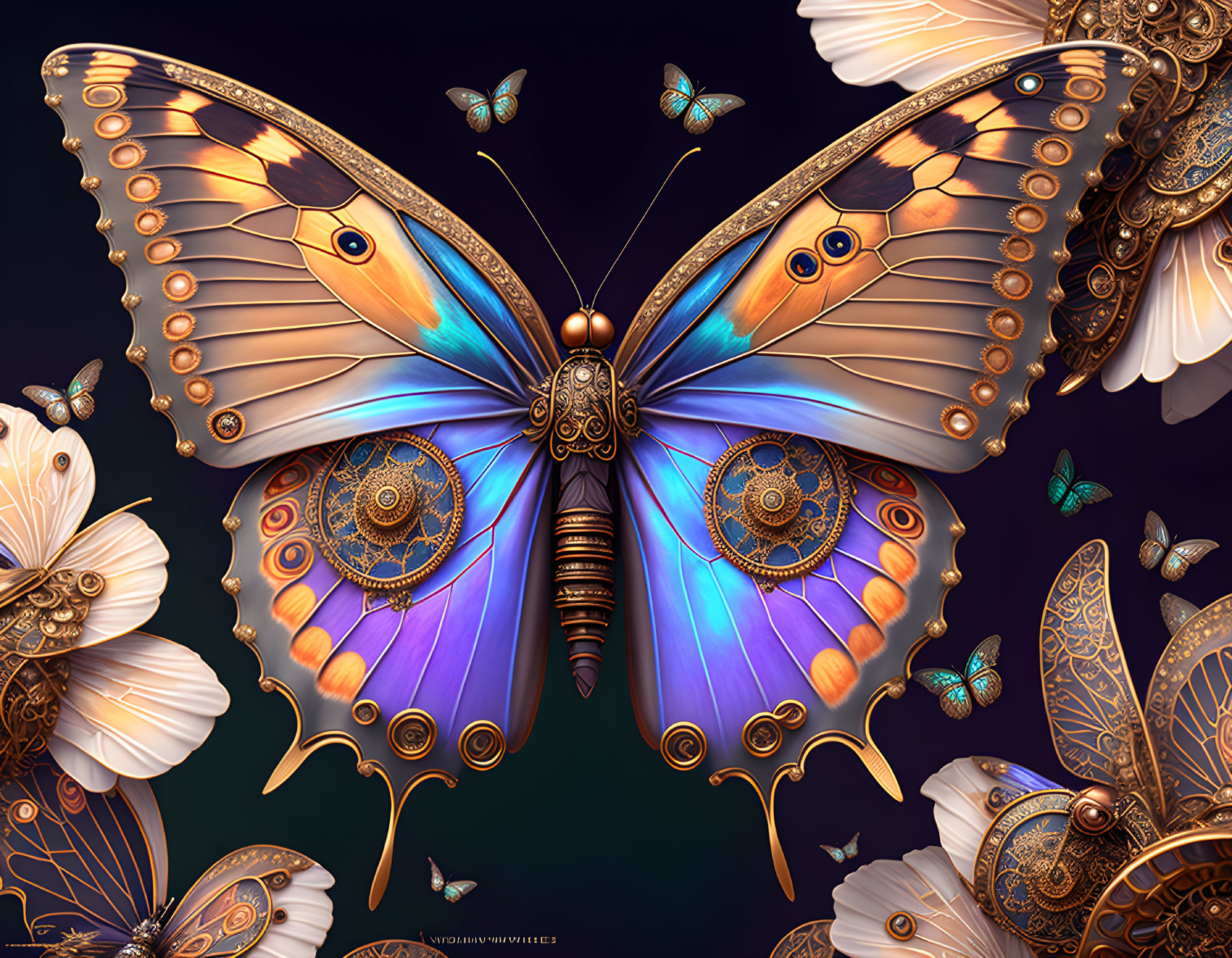 Steampunk-inspired butterfly digital art with blue and gold mechanical details.