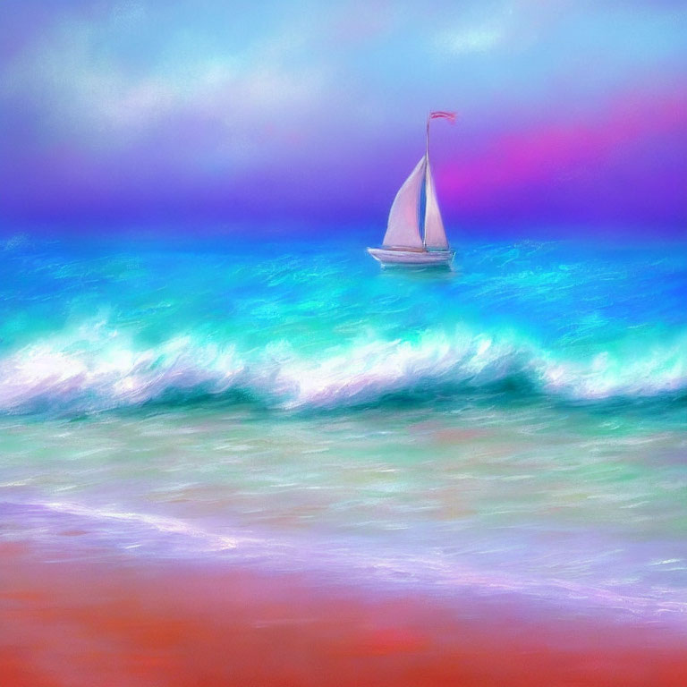 Impressionist-style digital painting of a sailboat on turquoise sea