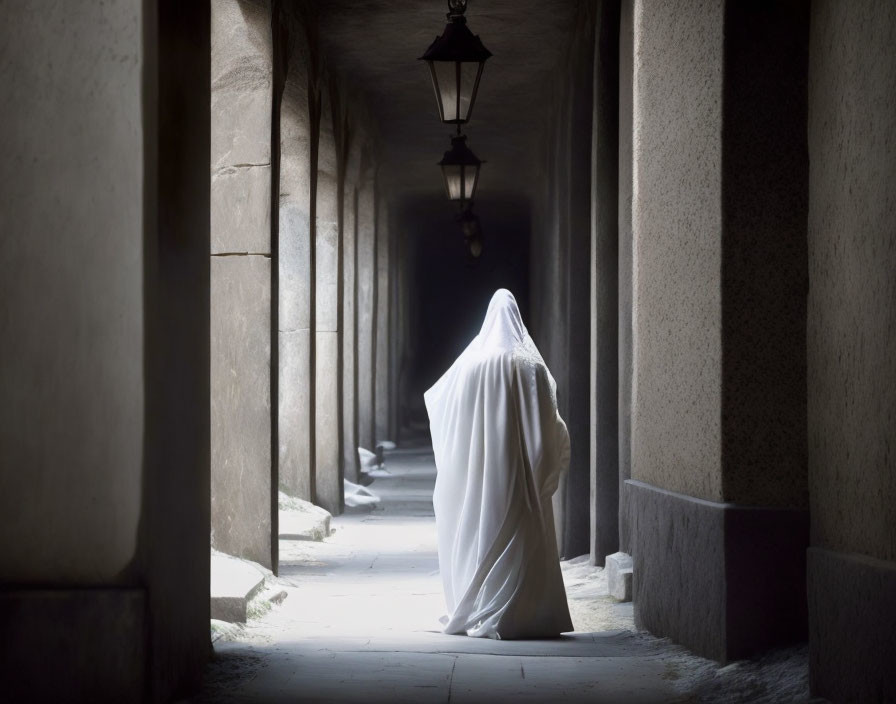 Figure in white cloak navigating dim, column-lined hallway with lanterns