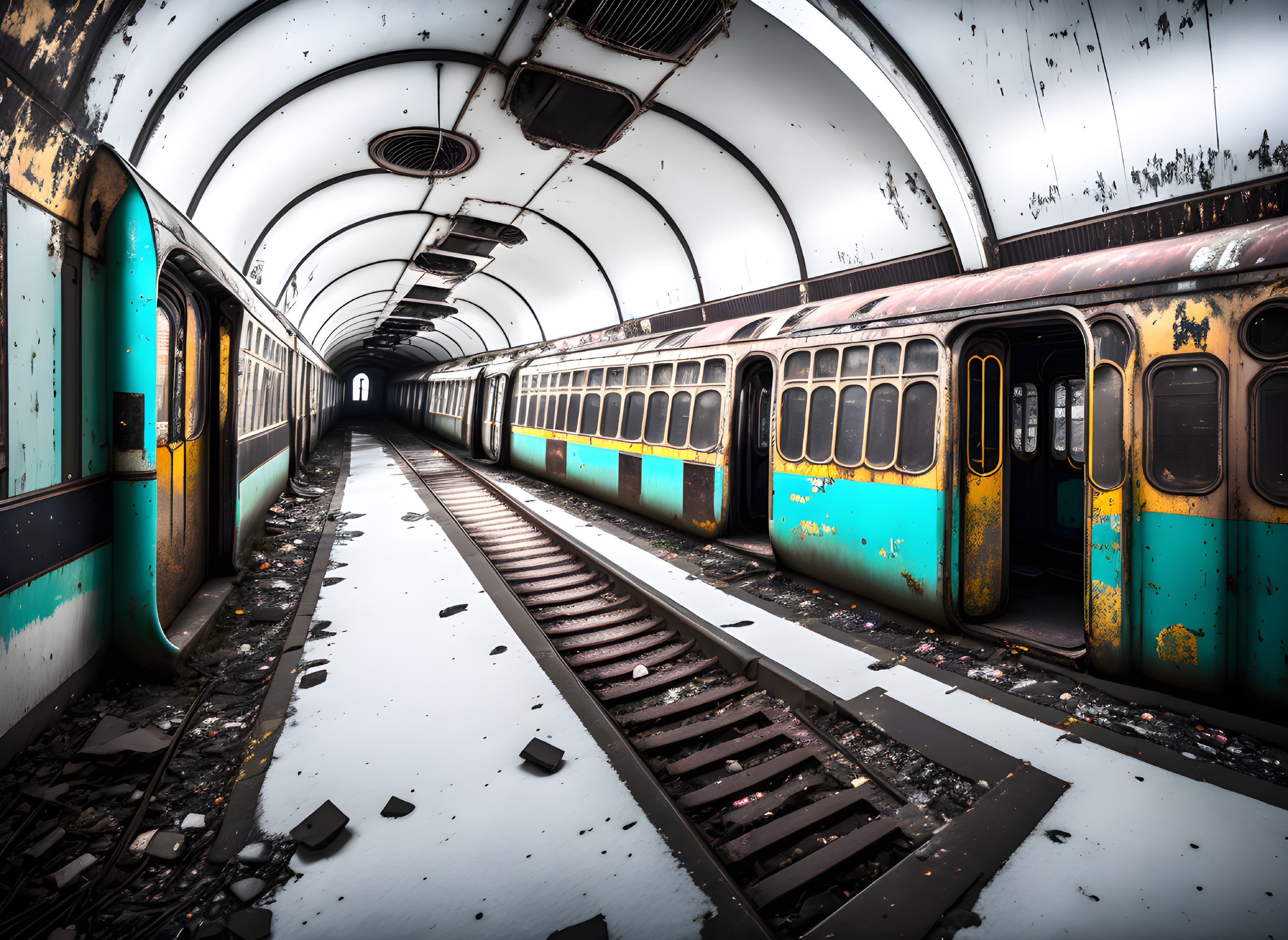 Derelict subway station with abandoned trains and debris.