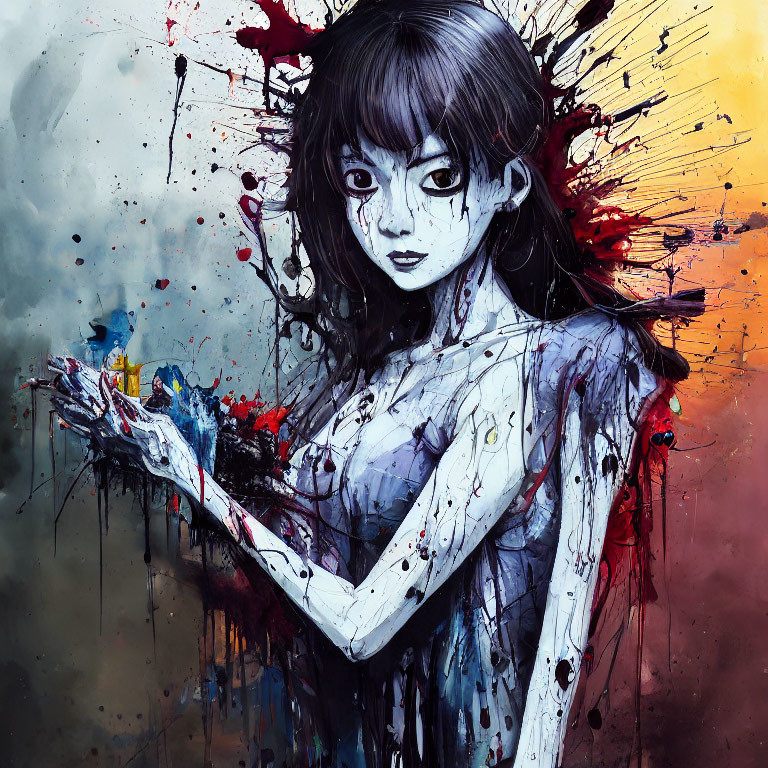 Dark-haired girl with haunting eyes in abstract artwork