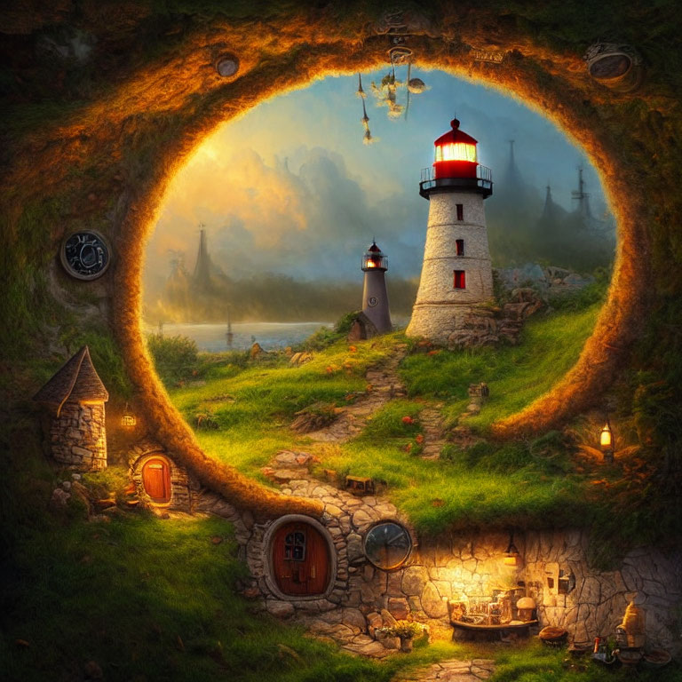 Circular fantasy landscape with lighthouse, stone houses, lanterns, ship, and clocks