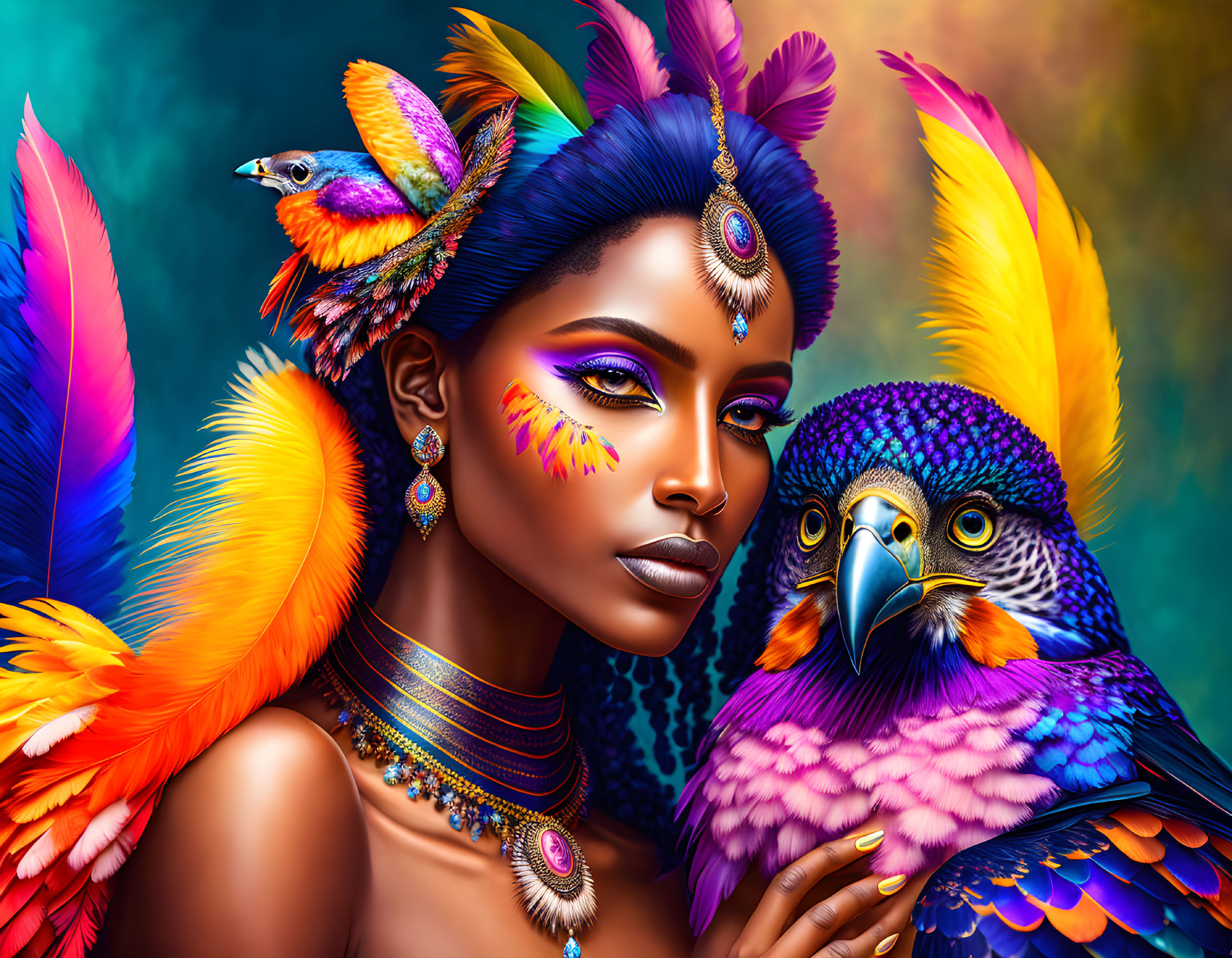 Colorful digital artwork showcasing woman with vibrant makeup and feathers next to exotic bird