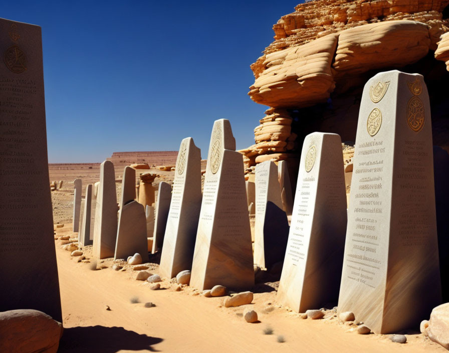 Engraved stone slabs in desert sands with layered rock formations