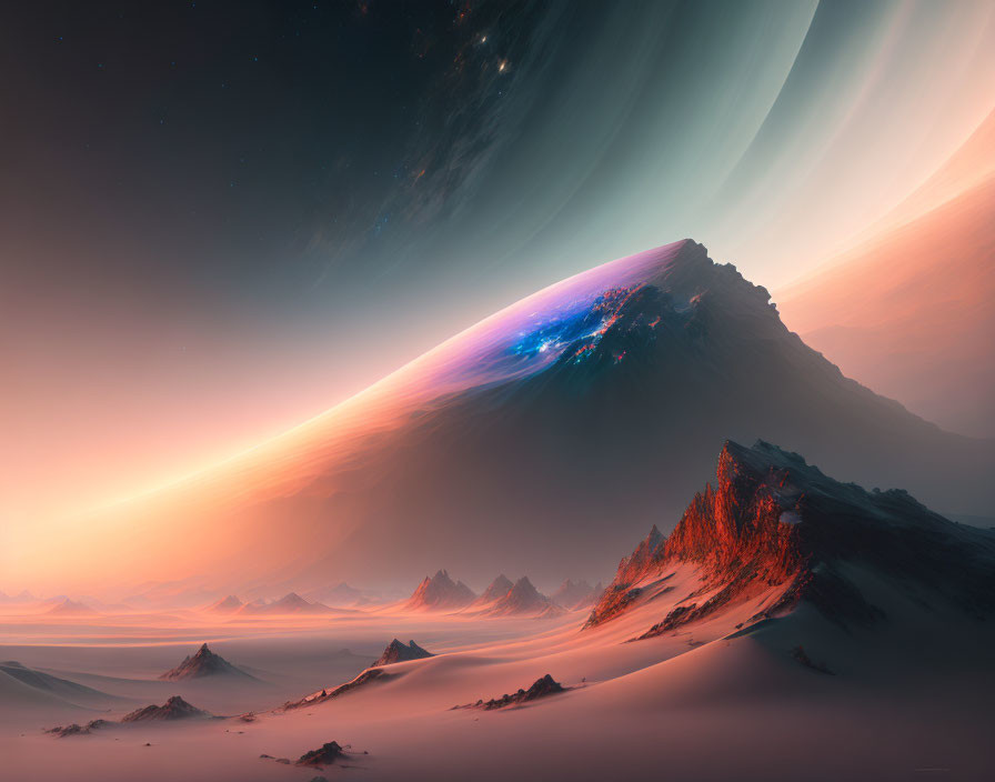 Surreal landscape with aurora-like phenomenon over towering mountain