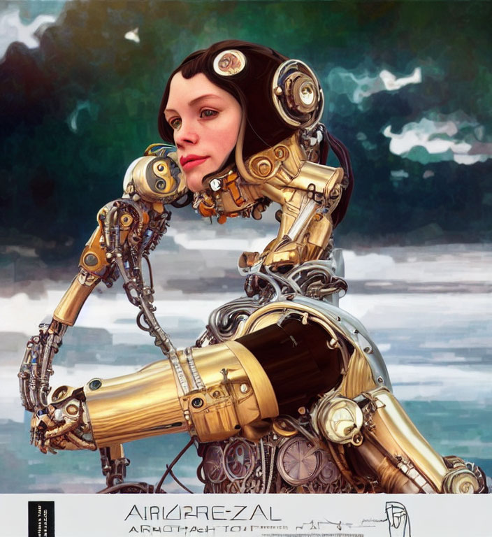 Cyborg portrait with human-like face and mechanical limbs on blurry landscape background