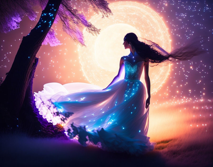 Woman in luminescent dress under tree with glowing moon in twilight sky