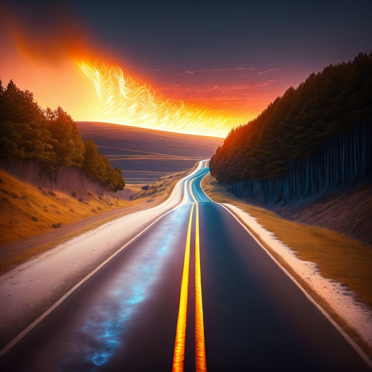 Scenic sunset sky with winding road and light trails