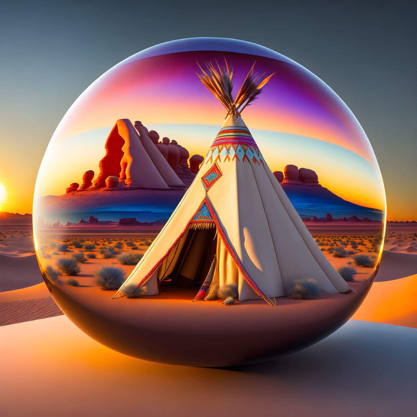 Intricate Native American teepee in surreal desert landscape at sunset