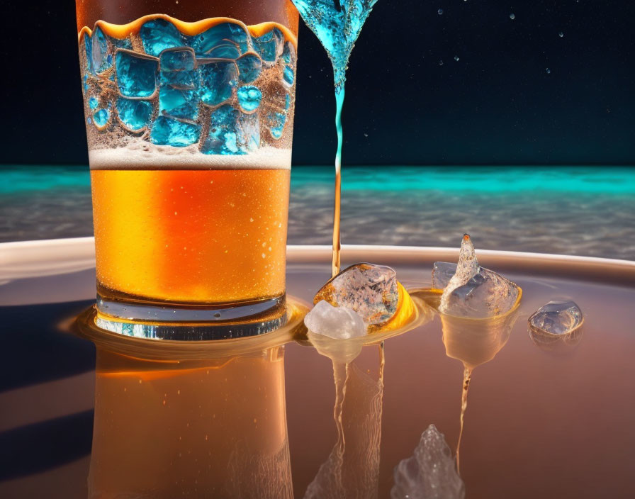 Glass of Beer with Ice Cubes on Reflective Surface Against Cosmic Starry Background and Pouring Blue