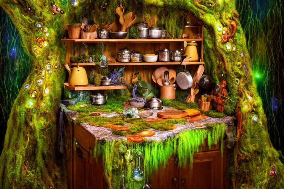 Rustic kitchen with wooden shelves, moss-covered tree roots, and fairy lights