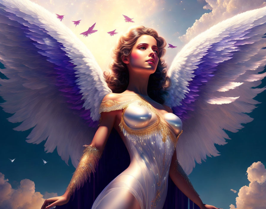 Illustration of angelic figure in golden armor with white wings against sky with birds.