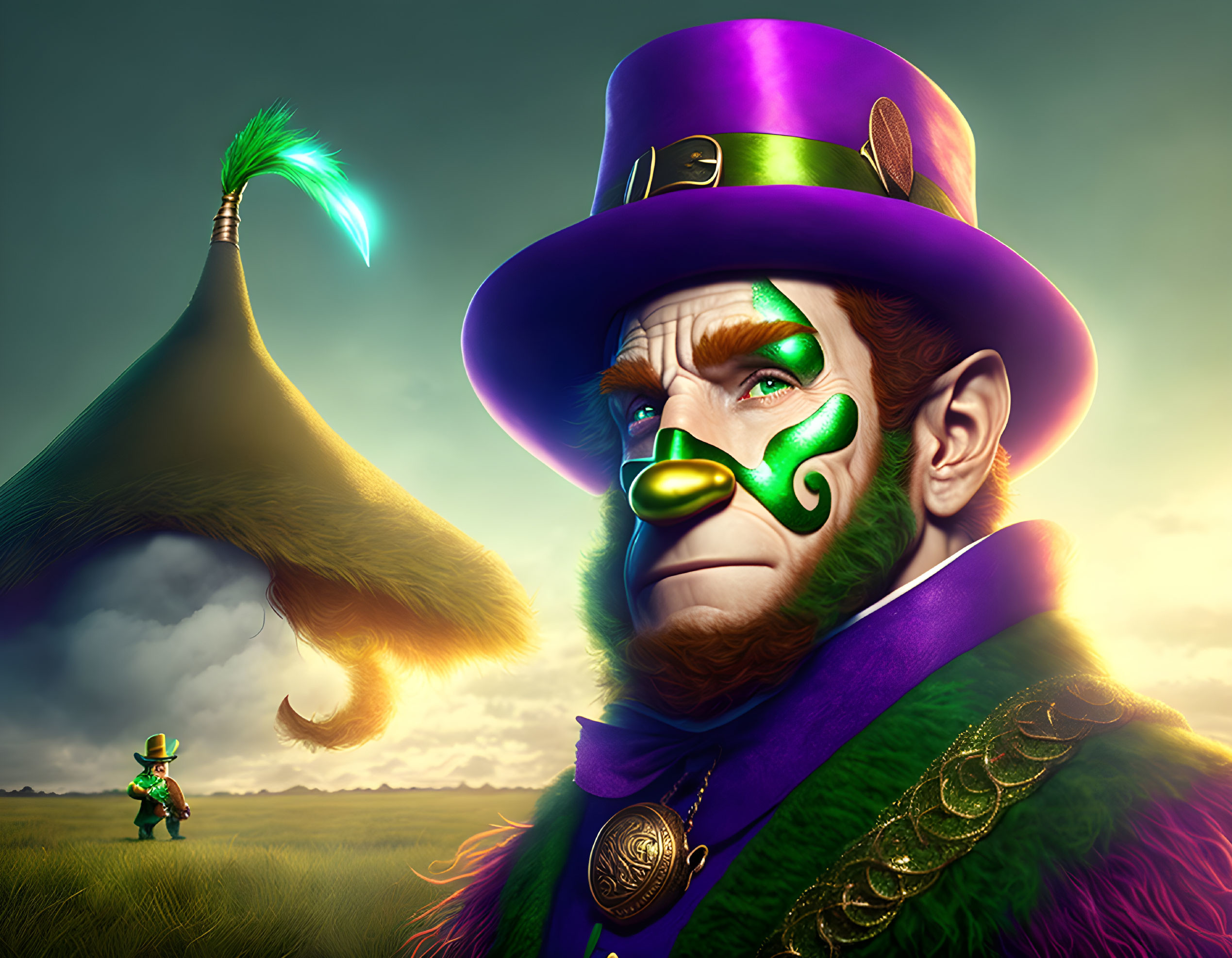 Colorful illustration of majestic bearded leprechaun in green top hat with buckle and feather,