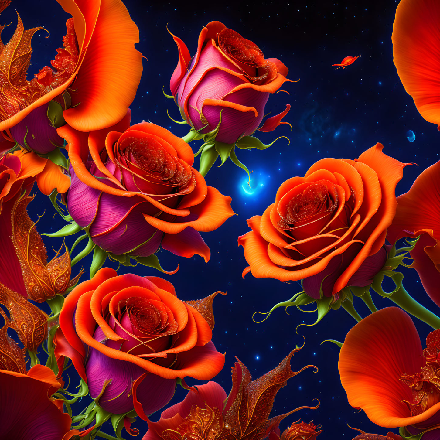 Colorful orange and red roses on dark starry backdrop - surreal cosmic floral art