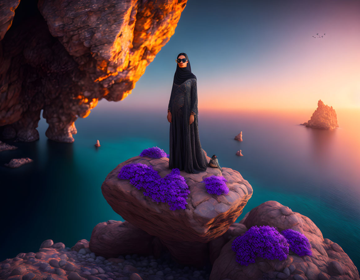 Traditional Attire Person on Cliff with Purple Flora at Sunset