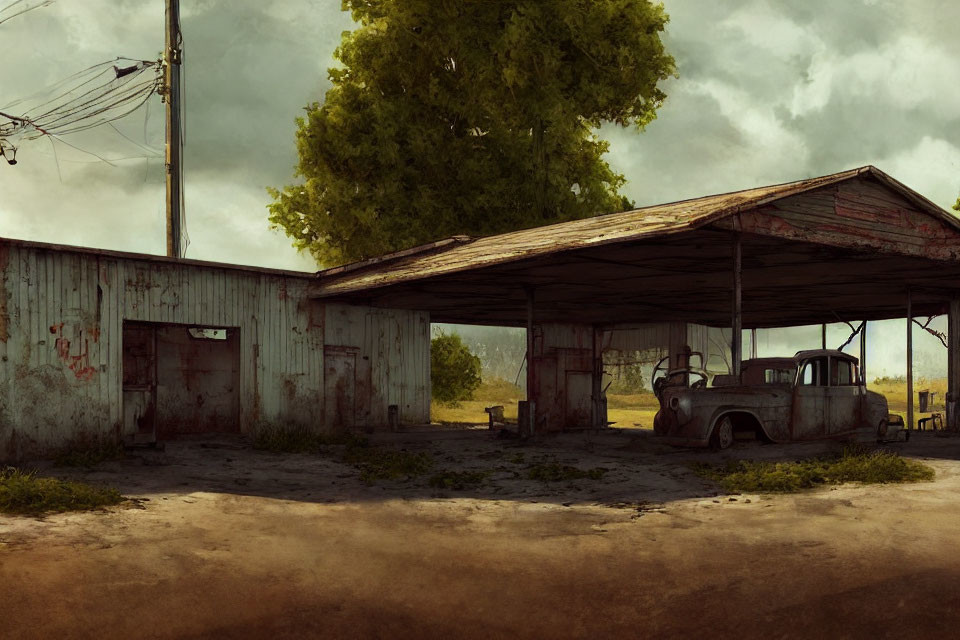 Desolate rural gas station with rusty truck and overgrown grass