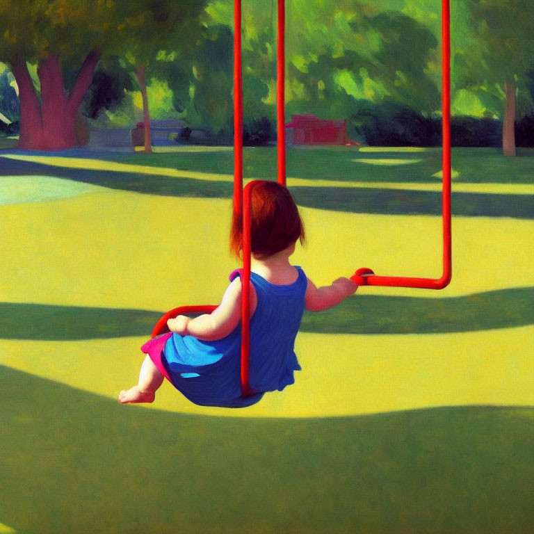 Red-haired child in blue dress on red swing in sunny park