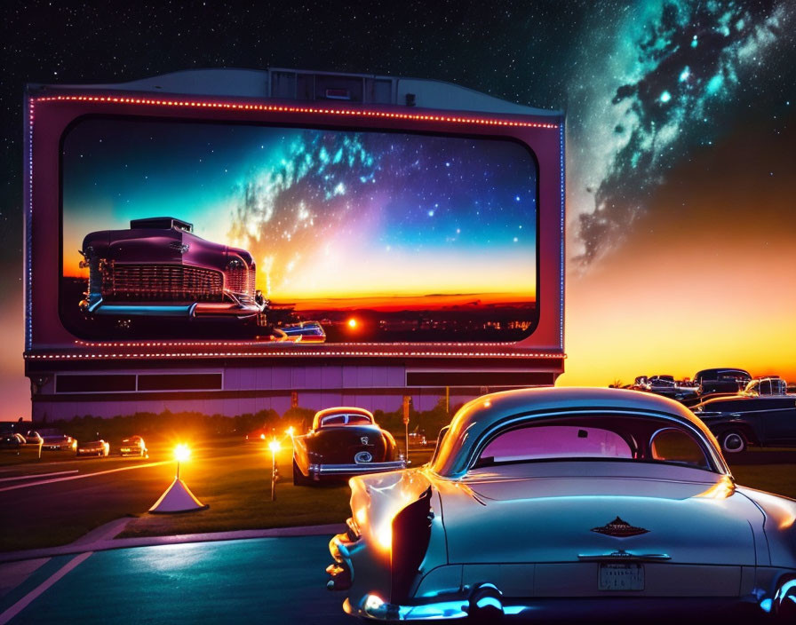 Classic Cars at Drive-In Theater Under Starry Night Sky