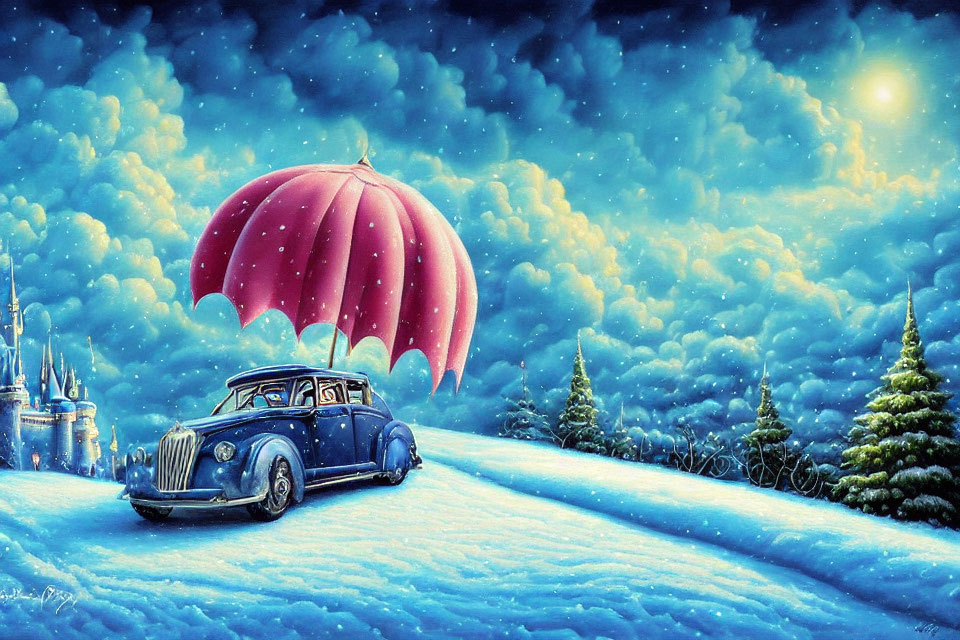 Vintage Car Under Large Red Umbrella in Snowy Night with Stars, Moonlight, Christmas Trees