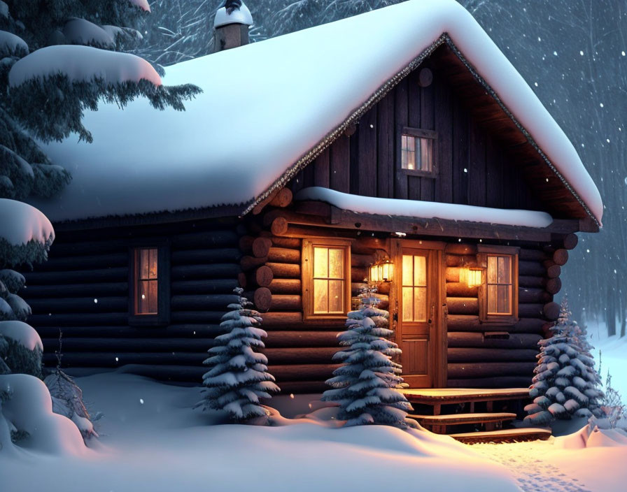 Snowy landscape with cozy log cabin and glowing windows