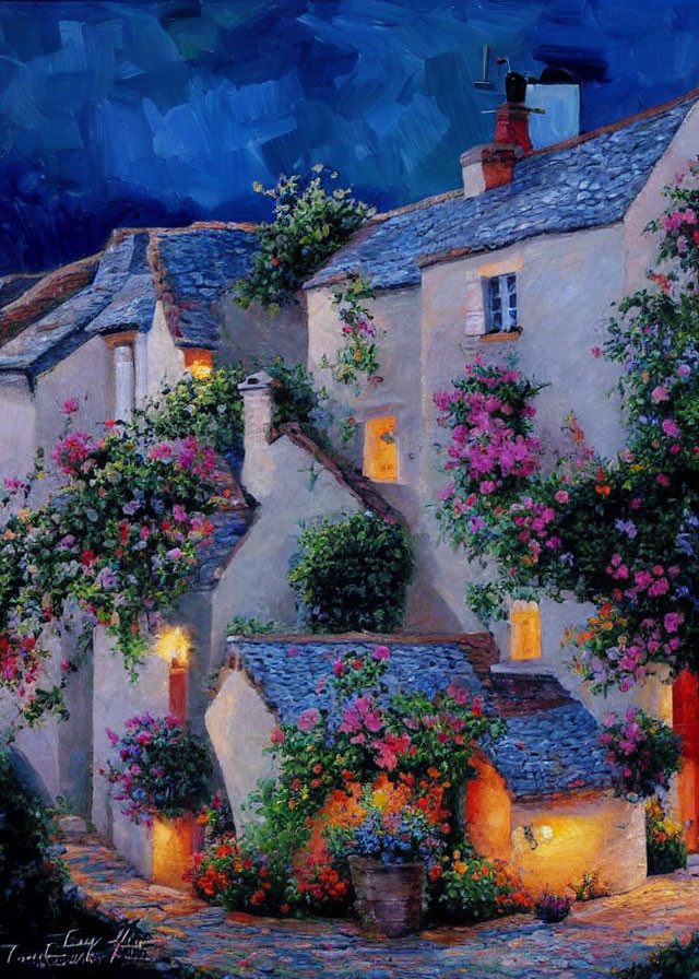 Cozy street with quaint cottages and blooming flowers at night