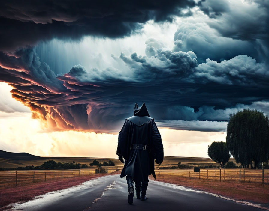 Person in Dark Trench Coat Walking Towards Stormy Sky