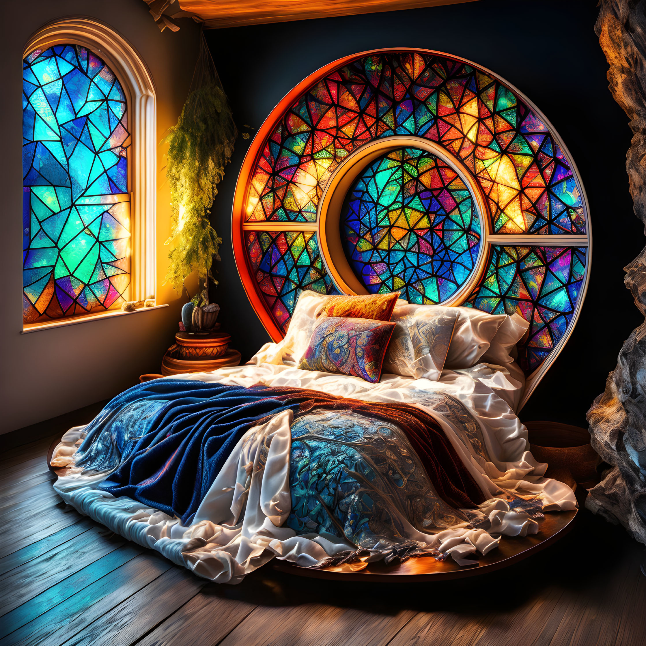 Circular bed, stained glass windows, plush bedding & ambient lighting in cozy bedroom