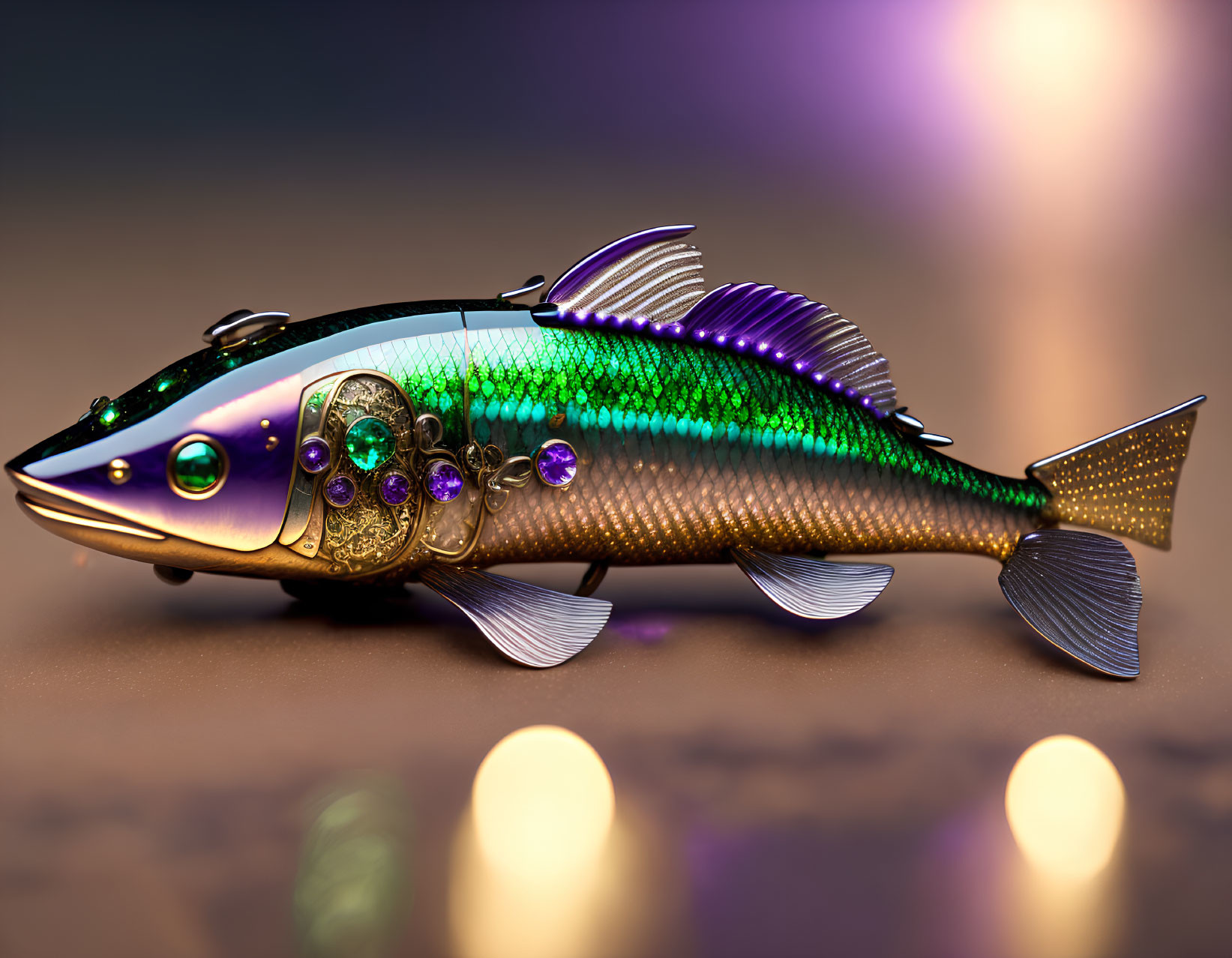 Iridescent Mechanical Fish with Gem-like Eyes and Gears