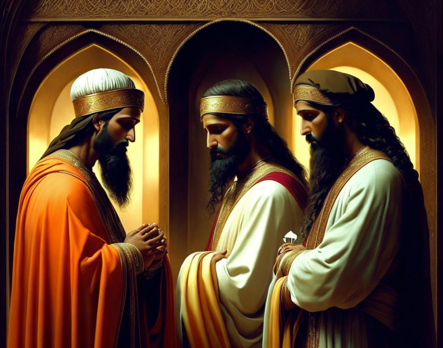 Three individuals in historical robes discussing inside ornate archway with warm lighting