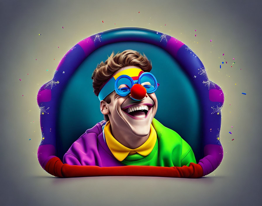 Colorful Clown Illustration with Oversized Glasses and Confetti Burst