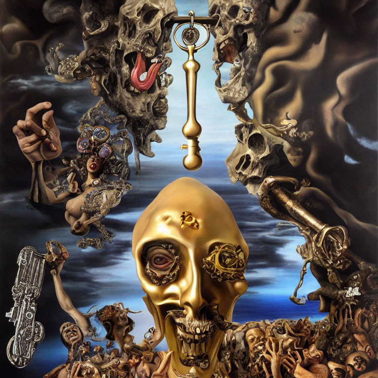 Surreal painting featuring golden skull, floating skulls, distorted figures, and central key