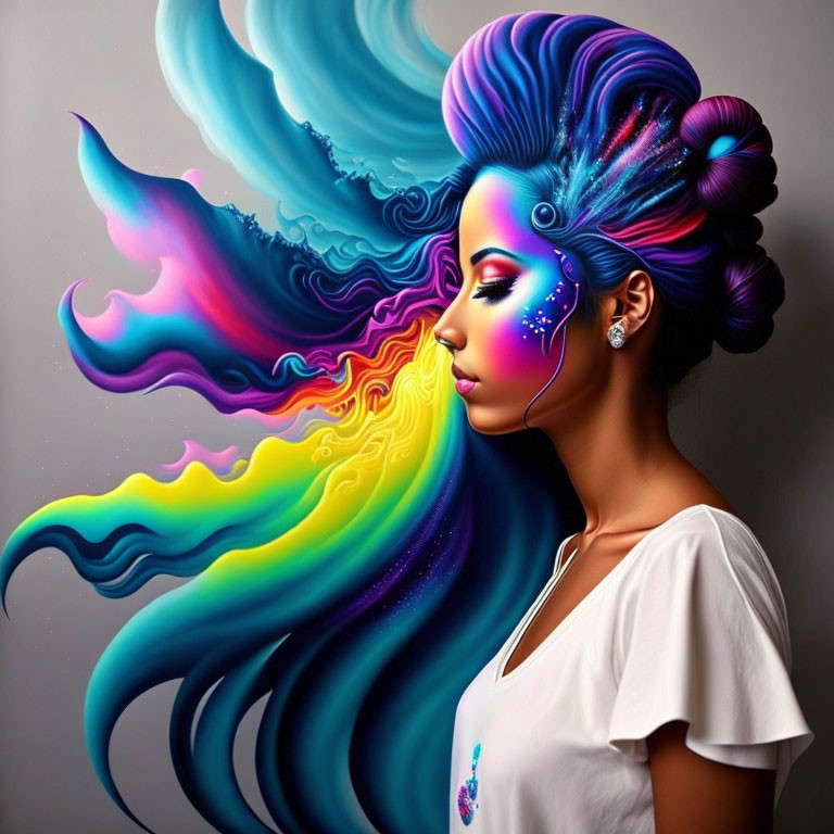 Vibrant digital artwork: Woman with blue and purple flowing hair merging with abstract colors