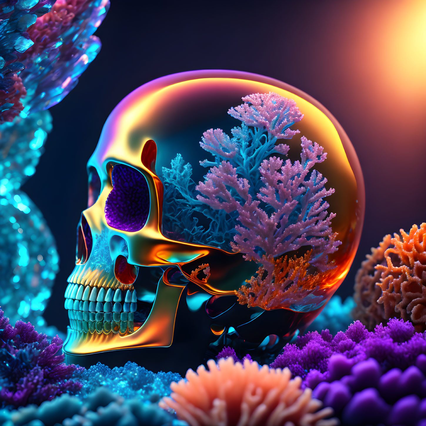 Colorful 3D human skull with coral-like growth on blue background