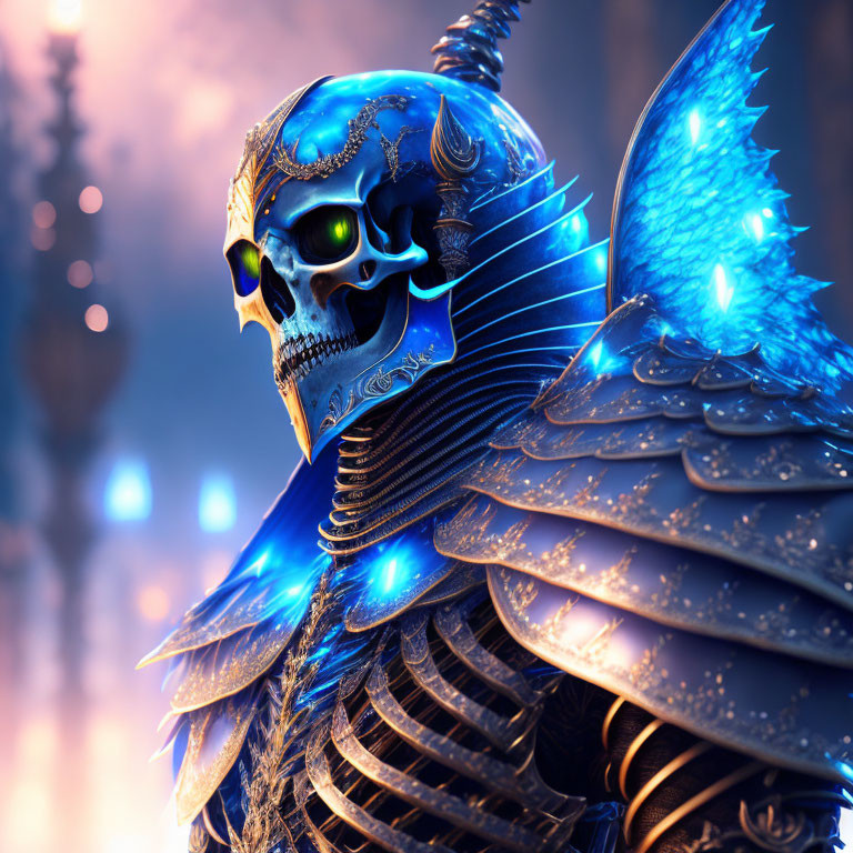 Skull-faced figure in blue-gold armor on soft-glowing background