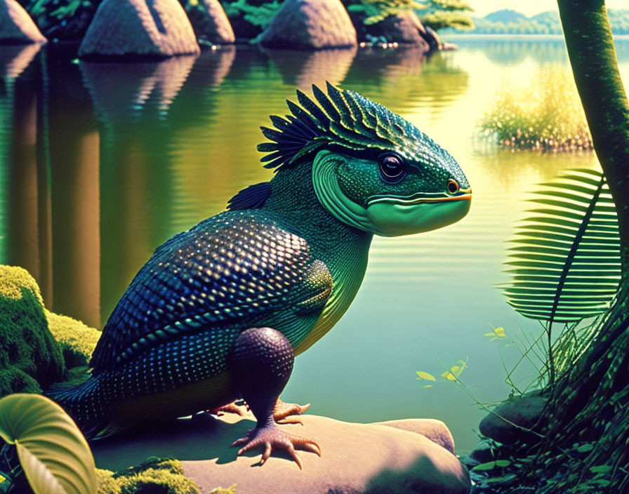 Colorful digital art: Oversized lizard near tranquil lake