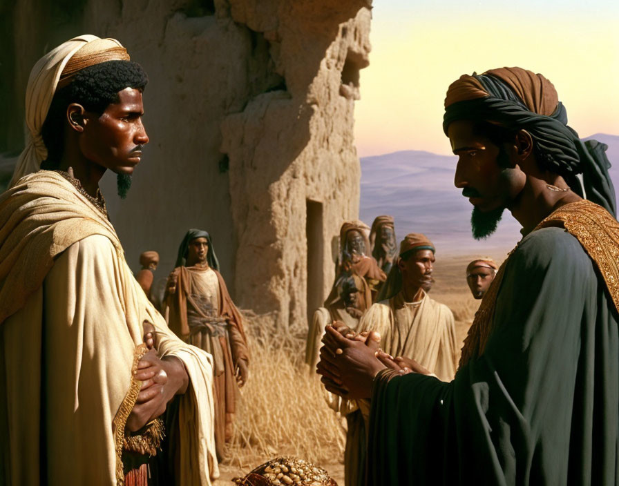 Traditional robed men conversing in desert with group in background